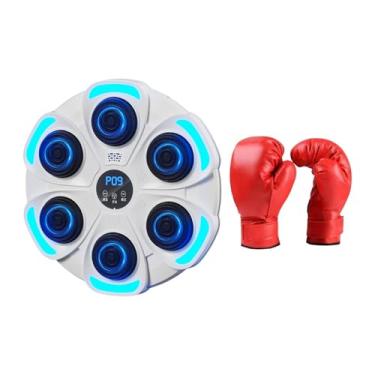 Imagem de menolana Máquina de boxe musical com luvas, treinamento de resposta, iluminado, eletrônico, alvo de parede, almofada de perfuração para prática de kickboxing, Branco