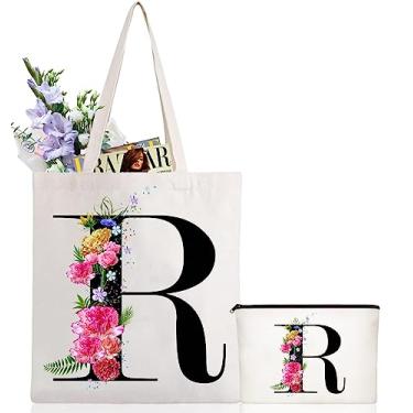 Imagem de Andeiltech Sacola de lona com inicial, estampa floral, bolsa de maquiagem personalizada com monograma, presente para damas de honra, aniversário e casamento, Letra Floral_r, Large