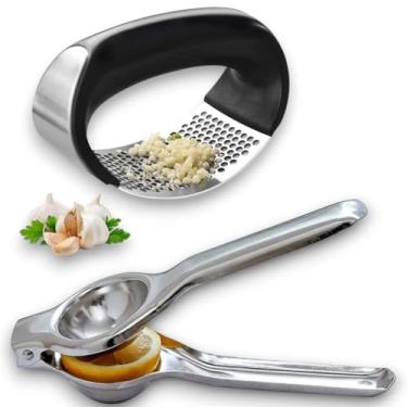 Imagem de Espremedor de limão com Amassador de alho KIT, extrator de cítricos laranja limonada, esmagador de alho, inox, manual para fazer sucos, prensa de alho.