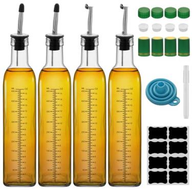 Imagem de Garrafa dispensadora de azeite de oliva de 500 ml, 4 peças, conjunto dispensador de óleo de vidro e vinagre de 500 ml com 4 dosadores de aço inoxidável, 8 etiquetas, garrafas de óleo de funil para