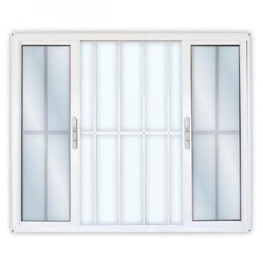 Imagem de Janela de Alumínio de Correr 120x120cm 4 Folhas 2 Fixas com Grade e Vidro Liso Linha Solida MGM Branco