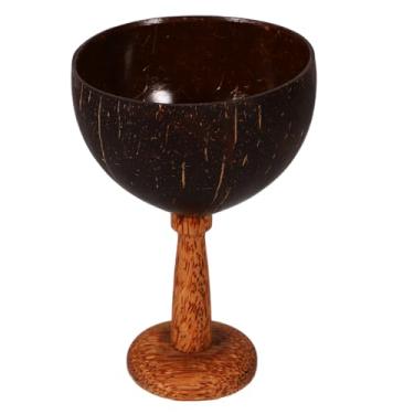Imagem de Copos de coco em base de madeira natural concha de coco para beber taça de vinho novidade copos de coquetel de suco de bebida tema havaiano copos de festa luau 250 ml