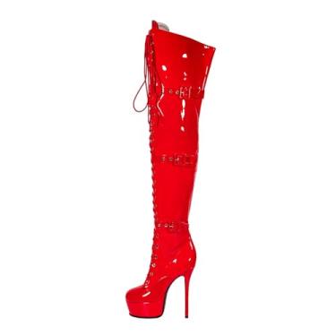 Imagem de Emfnzd Botas femininas sexy até a coxa, salto acima do joelho, plataforma vermelha, bota longa, unissex, bico arredondado, sapatos femininos plus size, Vermelho, 38