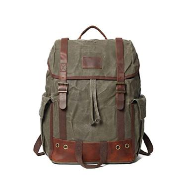 Imagem de Mochila de viagem clássica de grande capacidade para homens Mochila de lona encerada de qualidade para caminhadas ao ar livre mochila masculina(Army Green)