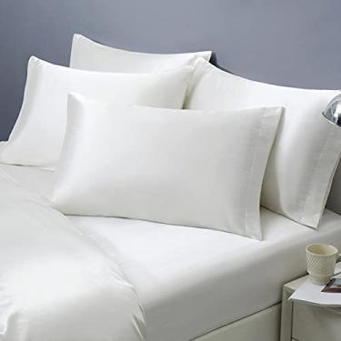 Imagem de Ersmak Fronha de cetim padrão conjunto de 4, fronhas de cetim ultra macias e sedosas para cabelo e pele, capas de almofada resistentes a desbotamento com fecho de envelope (branco marfim)