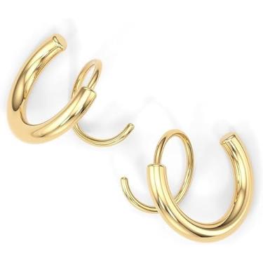 Imagem de Brincos duplos torcidos em espiral – Brincos espirais de hélice de 14 K, brincos de piercing duplo, brincos de argola dupla falsa, brincos de torção minúsculos para mulheres, Latão, Pedra dourada