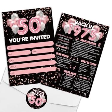 Imagem de REWIDPARTY Cartões de convite de aniversário de 50 anos de ouro rosa com envelopes e adesivos (conjunto de 15) Back in 1974 Preencha convites de feliz 50º aniversário convites 50 anos suprimentos de