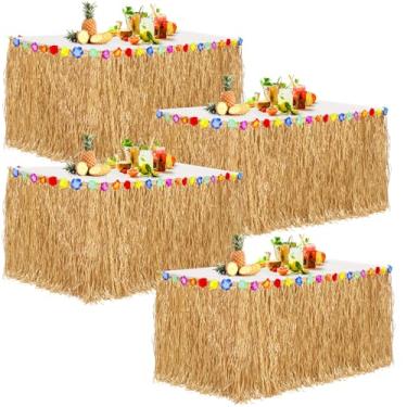 Imagem de Aodaer Pacote com 4 saia de mesa de grama espessa natural com flores de hibisco 400 g havaiano luau tropical decoração de festa decoração de festa com franjas para fantasia Tiki Tropical Hawaii Moana aniversário, amarelo palha