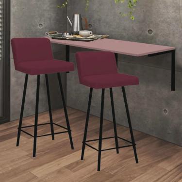 Imagem de Kit Mesa Suspensa de Parede Fixa mdf Rosa + 2 Banquetas Lexi Ferro Preto Suede Bordô - Ahazzo Móveis