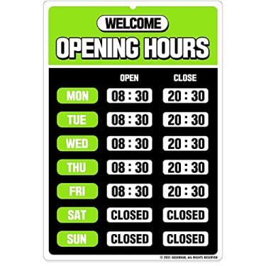 Imagem de GEEKBEAR Sinal de horário de funcionamento (04. Verde) – Placa de horário comercial – Placa de horário de funcionamento – Placa de horário de funcionamento para negócios – Placa aberta com horas –