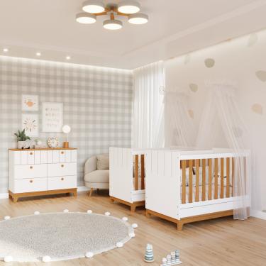 Imagem de Quarto Bebê Gêmeos com 2 Berços Mini Cama e Cômoda 6 Gavetas Liza Permobili - Branco/Nature