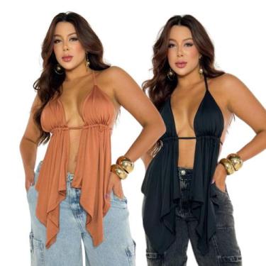 Imagem de Kit 2 Cropped Alçinha Boho Decotado Com Costas Nuas em Amarração Sexy 