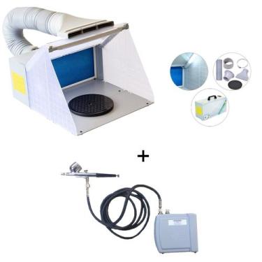 Imagem de Mini cabine  com led e exaustor+kit compressor e aerografo ar hs08ac-s