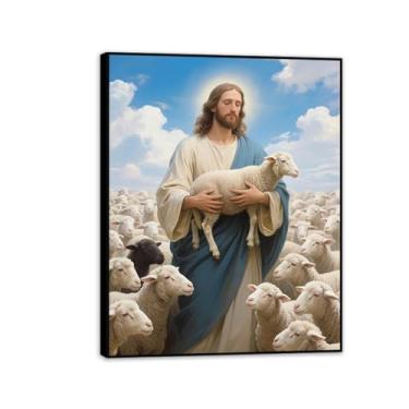 Imagem de Arte de parede em tela Jesus e Cordeiro, Jesus segurando ovelhas Deus Fé, pôster de Rei Leão Cristão Jesus Impressão Pintura Religiosa Arte Igreja Decoração de Parede Imagens 50x40 cm Moldura Preta