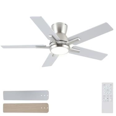 Imagem de Sevenine Ventiladores De Teto De 42 Polegadas Com Luzes, Ventilador De Teto De Perfil Baixo Em Níquel Escovado Com Luz E Controle Remoto, Montagem Embutida, Motor Cc Reversível De 6 Velocidades, Led