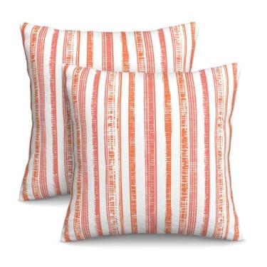 Imagem de KiuLoam Boho Capas de almofada listradas rosa coral 45,7 x 45,7 cm, conjunto de 2, fronhas decorativas de casa de fazenda, capas de almofada modernas para sofá-cama, decoração de casa