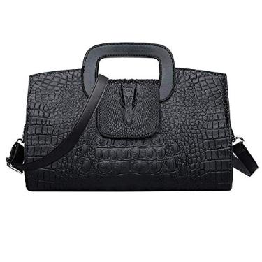 Imagem de Goodbag Bolsa vintage com aba superior e alça superior, bolsa de mão com padrão de crocodilo, bolsa de mão de couro PU bolsa de ombro para mulheres, Preto, One Size