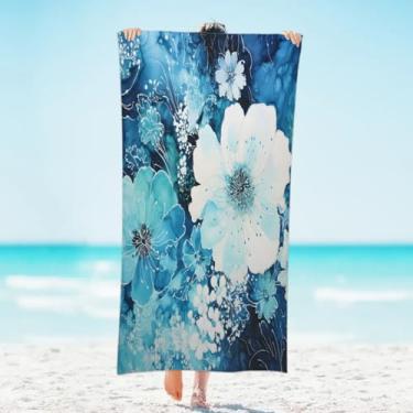 Imagem de KOBLEN Toalha de praia de flor azul grande - para mulheres e meninas, toalha de microfibra leve à prova de areia de secagem rápida, 78 x 154 cm, adequada para piscina e ioga toalha de banho