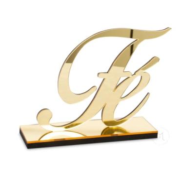 Imagem de Palavra Decorativa Fé em Acrílico Espelhado com Base MDF, Enfeite Religioso, Motivacional e Decorativo para Casa, Escritório ou Altar (Dourado)