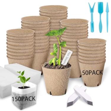 Imagem de VirgoCCY Pacote com 203 kits para iniciantes de sementes de plantas biodegradáveis – 50 potes de turfa, 100 sacos de berçário PLA não tecidos, 50 etiquetas de plantas, 3 ferramentas de transplante