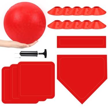 Imagem de Hiboom Conjunto de 16 peças de kickball esportivo inclui bola de playground de 25 cm, 5 bases de borracha para baixo, bomba de bola 10 cones de linha suja para crianças, adultos, playground, escola,