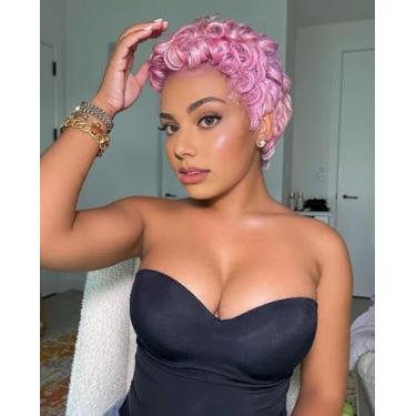 Imagem de Fencca Peruca curta rosa encaracolada afro Pixie corte cacheado perucas para mulheres Pixie peruca fofa sintética rosa mista perucas fofas para mulheres negras
