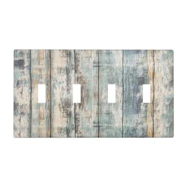 Imagem de OILbiexn Capa decorativa de placa de interruptor com placa de madeira azul cinza vintage design de prancha de madeira 4 gangues placa de parede artística exclusiva quadriciclo interruptores de luz