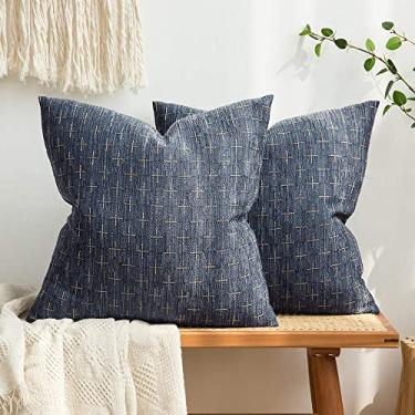 Imagem de MIULEE Pacote com 2 fronhas decorativas de linho de serapilheira Euro Sham Capa de almofada moderna vintage de casa de fazenda rústica texturizada para sofá cama 66 x 66 cm azul