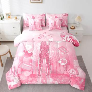 Imagem de jejeloiu Conjunto de cama solteiro, para crianças, cantor, música, guitarra, 7 peças, conjunto de edredom moderno com glitter, rosa e feminino, 7 peças