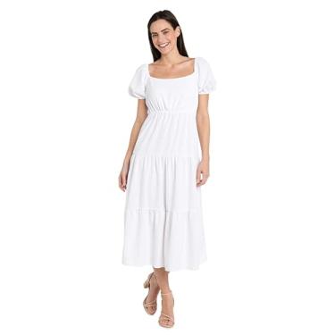 Imagem de R&M Richards Vestido midi romântico branco tomara que caia com saia em camadas e mangas justas, Branco, 50