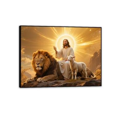 Imagem de Decoração de parede Jesus e leão de cordeiro leão de Judá pintura com salvador arte de parede cristã inspiradora para escritório, igreja, decoração de casa, 80 x 60 cm (32 x 24 pol), moldura preta