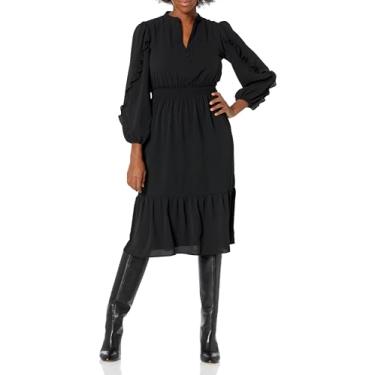 Imagem de London Times Comprimento midi feminino cintura franzida gola dividida manga longa babados versátil chique polido casual, Preto, 40