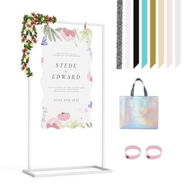 Imagem de Suporte de placa de casamento, 137 x 79 x 38 cm Bem-vindo ao nosso suporte de placa de casamento de metal com 8 pares de fitas de cetim e 2 pares de tiras de letreiro de couro, bolsa de armazenamento