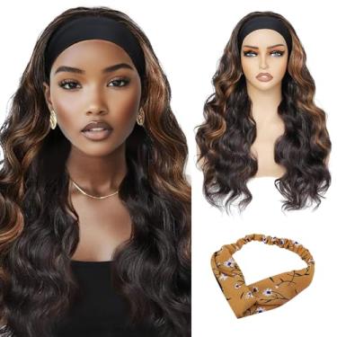 Imagem de QUEENTAS 27" Perucas Longas Onduladas Com Faixa De Cabeça Para Mulheres, Preto, Misto, Castanho Escuro Mechas Loiras, Peruca Cacheada, Fácil Usar, Cabelo Sintético Natural Ondulado