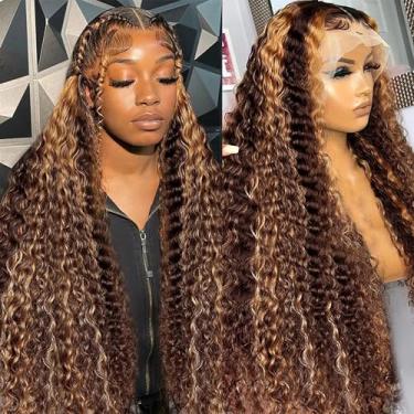 Imagem de ABSFWIW Peruca De Cabelo Humano Com Renda Frontal, 26" Mechas Ombré, 13X6, Loiro Mel, 4/27, Ondas Profundas, Densidade 200%, Colorida, Cacheada, Pré-Depilada Bebê