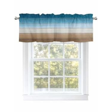 Imagem de Cortinas de cozinha de grão de madeira azul-petróleo, sanefas, bolso para varão, marrom, ombré, tratamento de janela de madeira, cortinas curtas para cozinha, banheiro, sala de estar, 1 painel, 137 x