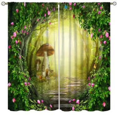Imagem de AAVEUP Cortinas de janela para decoração de floresta de fantasia para meninas, sonho místico, conto de fadas, país das maravilhas encantado, flores de cogumelo, cortinas isoladas para crianças