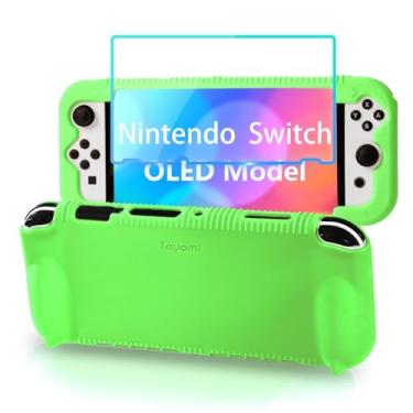Imagem de Teyomi Capa De Silicone Para Nintendo Switch Oled Com 2 Compartimentos Cartões Jogo, [Adequada Crianças] Protetora À Prova Choque, Protetor Tela Vidro Temperado, Pega Ergonômica (Verde)