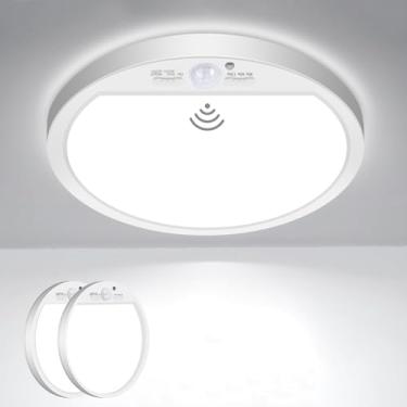 Imagem de slochi Pacote Com 2 Luzes De Sensor Movimento Para Ambientes Internos, Fio, 8,7" 3000K/4000K/6500K, Armário Sensor, 18W 1800Lm, Montagem Embutida No Teto Corredor, Despensa, Escada, Varanda, Branco