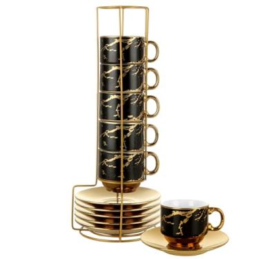 Imagem de LDHHYH Conjunto de 6 xícaras de café expresso de cerâmica com pires e suporte de metal, copos de cappuccino empilháveis de 200 ml, xícaras pequenas de Demitasse para Café Mocha Tea – Preto