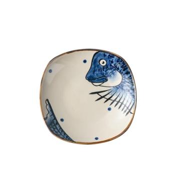 Imagem de Prato de sopa redondo requintado de cerâmica pintada à mão em cor japonesa - prato quadrado de 20 cm - cabeça de peixe gorda azul