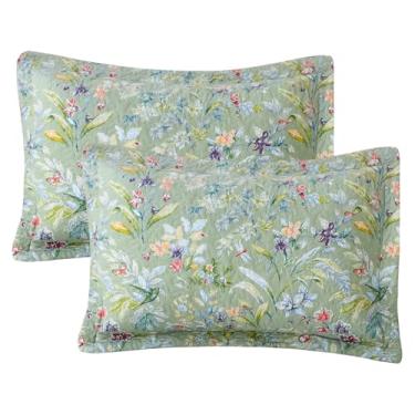 Imagem de Sanracie Conjunto de 2 fronhas acolchoadas tamanho queen floral verde (50,8 cm x 76,2 cm), estampa de borboleta de pássaro verde algodão acolchoado capas de travesseiro de cama com fecho de envelope