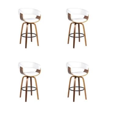 Imagem de Kit 4 Banquetas Betim Branca PU Base Madeira - Rivatti