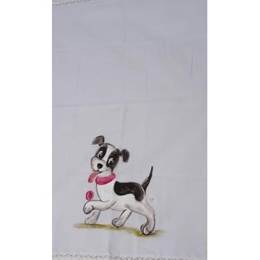Imagem de PANO DE PRATO COM PERSONAGEM DE CACHORRO - PINTADO À MÃO E BORDADO NAS LATERAIS - 100% ALGODÃO