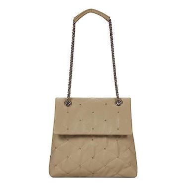 Imagem de KWANI Bolsa de ombro cravejada de losango de couro PU bolsas grandes para mulheres, fecho magnético, Marfim quente, Large