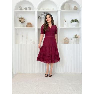 Imagem de Vestido Midi De Lese Feminino 100% Algodão Decote V Manga Curta Bufant