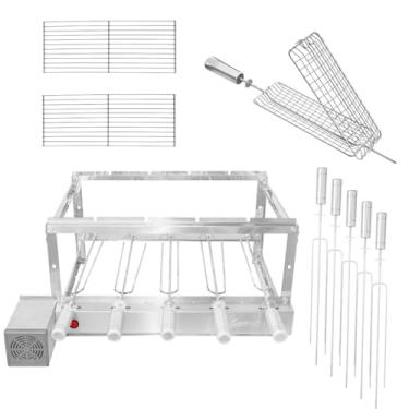 Imagem de Kit Churrasqueira Elétrica Giratória Gira Grill 5 espetos + Grelhas Auxiliares + Espetos Grelha, 100% Inox (Motor Esquerda)