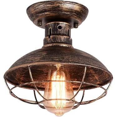Imagem de Luz De Teto De Metal Industrial Vintage, Luz De Teto Semi Embutida, Gaiola De Decoração De Ferro Forjado, Iluminação Rústica Semi Pendente E26 Para Cafeteria Bar Loft Escri, Bronze