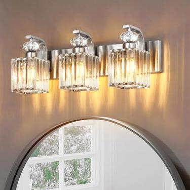 Imagem de Vikdio Luminária De Penteadeira Níquel Com 3 Luzes, Acessórios Modernos Para Banheiro Sobre O Espelho, Cristal 20,5" Lâmpadas Led Entrada Do Quarto