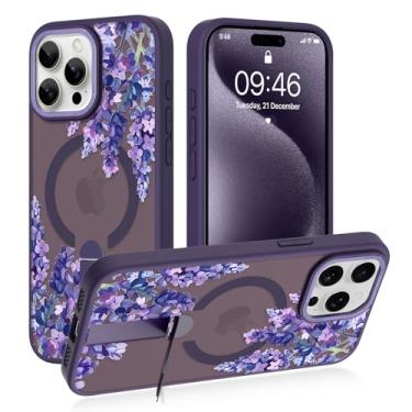 Imagem de AIGOMARA Capa com suporte magnético para iPhone 15 Pro, design estético fofo floral roxo para mulheres e meninas, compatível com Magsafe, capa protetora protetora fina translúcida fosca com suporte
